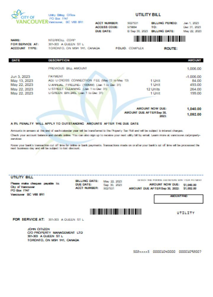 City of Vancouver utility business bill,  SCR PSD template